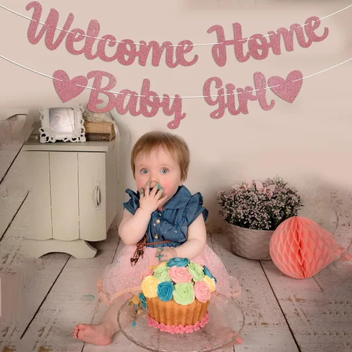 Miniatura 6 de Cartel de bienvenida a casa para bebé, decoración rosa para baby shower, revelación de género, decoración interior y exterior, purpurina dorada rosa