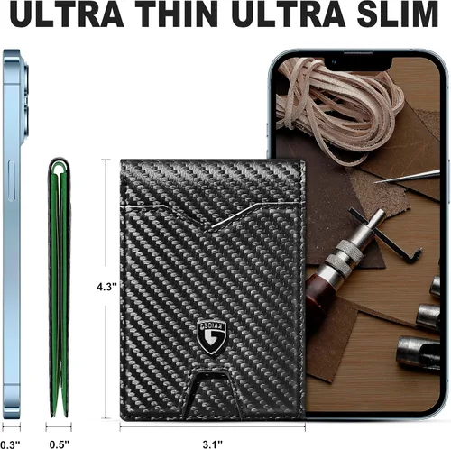 Miniatura 5 de GSOIAX Billetera delgada para hombre minimalista de cuero genuino fibra de carbono con bloqueo RFID de cuero vacuno plegable con caja de regalo