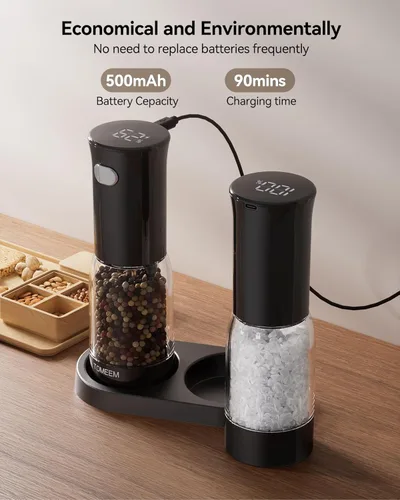Miniatura 3 de TOMEEM Juego de molinillo eléctrico de sal y pimienta, recargable con indicador de alimentación LED, molienda ajustable de 5 niveles, luz LED, Negro