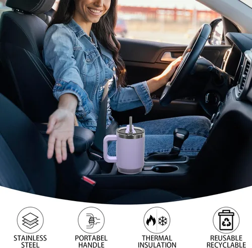 Miniatura 7 de Vaso de 20 oz con asa, vaso con tapa y pajita, vaso de doble pared con aislamiento de acero inoxidable para viajes (frío durante 34 horas), botella