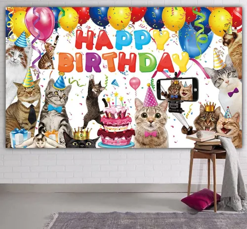 Miniatura 3 de Cartel de fondo de feliz cumpleaños de gato de 6 x 3.6 pies, decoración de suministros de fiesta de gatitos, telón de fondo con temática de patas