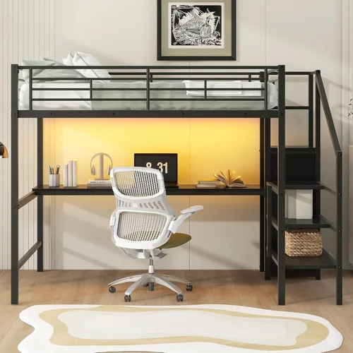Miniatura 4 de Bellemave Cama tipo loft de metal de tamaño matrimonial con escritorio en forma de L, marco de cama tipo loft con luz LED, estación de carga