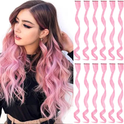 GPOVVIMX 12 extensiones de cabello rosa con clip, extensiones rizadas y onduladas de color para niños y niñas, extensiones sintéticas con reflejos