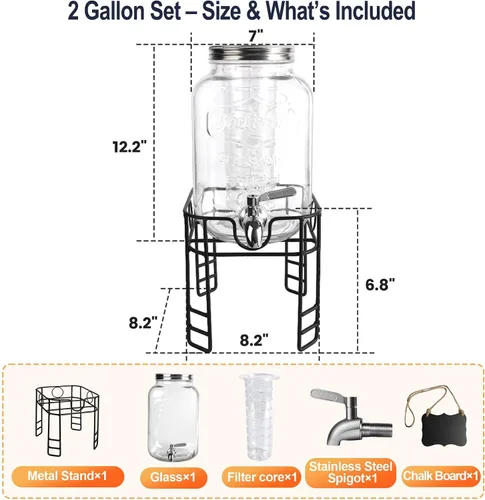 Miniatura 2 de Dispensadores de bebidas de 2 galones para fiestas, dispensadores de bebidas con soporte, dispensador de jarra de agua de vidrio, con grifo de acero