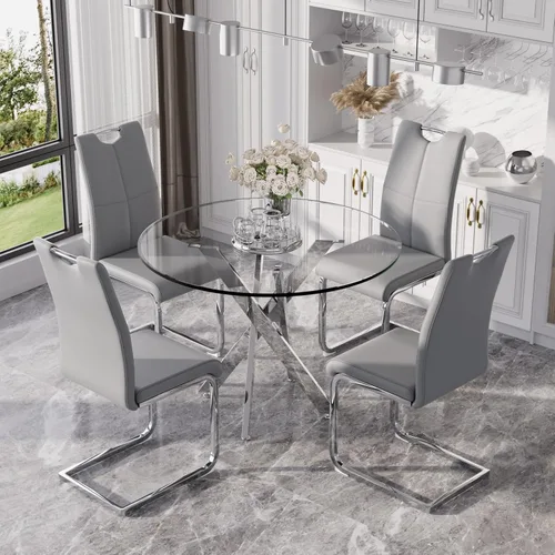 Miniatura 34 de Juego de mesa de comedor redonda moderna de vidrio de 36 pulgadas para 2, mesa de comedor de vidrio con patas cruzadas de metal, mesa de cocina