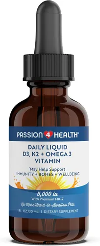Passion 4 Health Vitamina líquida orgánica D3 K2 (Mk-7) + Suplemento Omega 3 – Gotas de vitamina D líquida (5000 UI) – Apoyo para huesos y músculos
