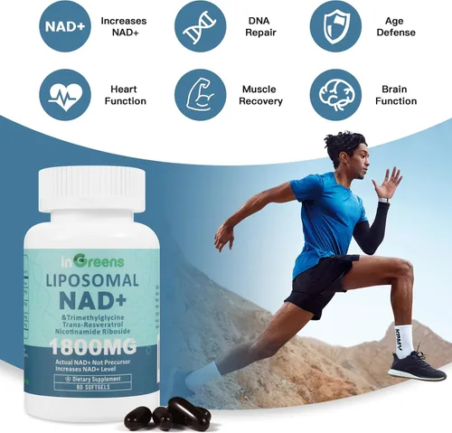 Miniatura 5 de inGreens Suplemento liposomal NAD+ de 1800 mg con ribósido de nicotinamida, resveratrol trans, trimetilglicina, reemplaza a NMN, aumenta NAD +
