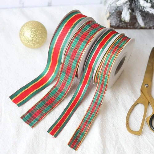 Miniatura 6 de Cinta de Navidad a cuadros 25 yardas cada rollo 100% poliéster con borde tejido gingham para manualidades navideñas, envoltura de regalos