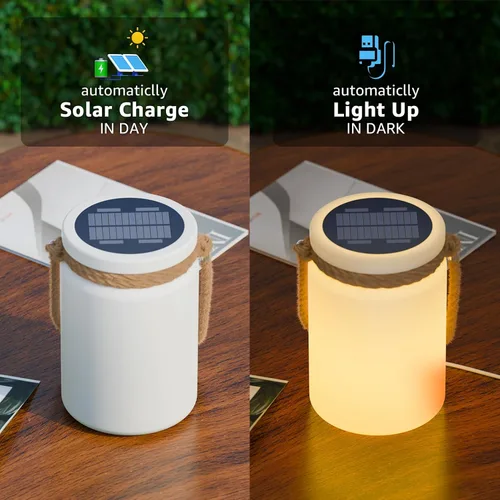 Miniatura 4 de uuffoo Paquete de 2 lámparas solares de mesa, impermeables, LED, inalámbricas, IP44 RGB y blanco cálido, regulables, para patio, camping