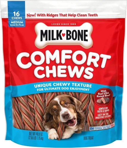 Milk-Bone - Masticables de confort, golosinas para perros sin piel dura con textura masticable única y carne de vacuno real, 16 masticables, fáciles