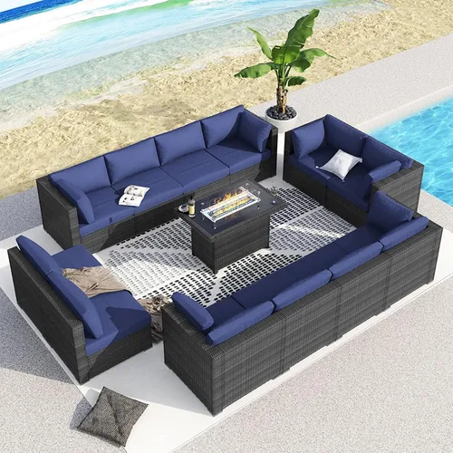 Miniatura 17 de BULEXYARD Juego de 7 piezas de sofá seccional para exteriores con respaldo alto, mesa para fogatas, juego de muebles de patio de mimbre resistente a