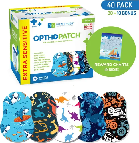 Miniatura 2 de OPTHOPATCH Defined Vision - Parches para ojos para niños, diseño divertido para niños, 30 + 10 vendajes adhesivos extra sensibles de algodón