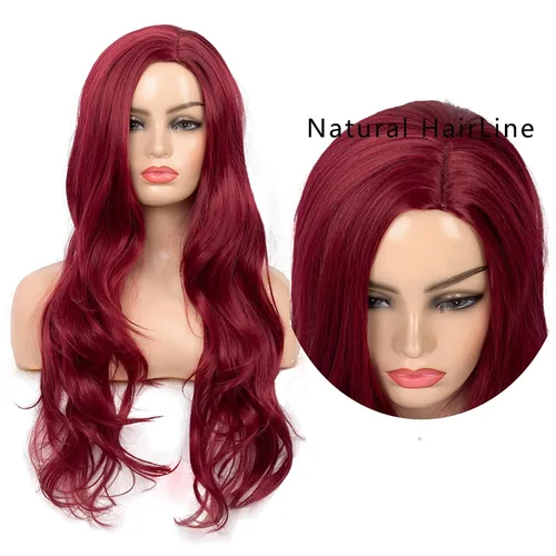 Miniatura 2 de Pelucas largas rizadas y onduladas de color rojo vino para mujer, con parte lateral, aspecto natural, para cosplay, fibra sintética, resistente al