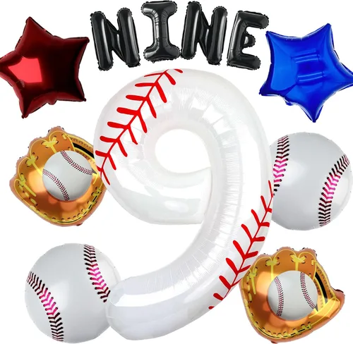 Miniatura 21 de Juego de globos de béisbol de 40 pulgadas, decoraciones de fiesta de cumpleaños número 10 para niños, globo de béisbol número 10 para suministros
