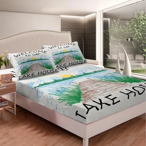 Miniatura 2 de Lake House Sábanas bajeras tamaño individual, sábana dibujada a mano con paisaje de lago y montaña para niños, niñas, niños y adultos, decoración