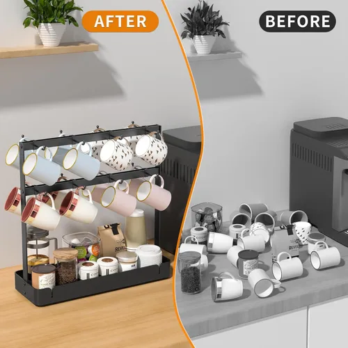 Miniatura 2 de RCHYFEED Soporte para taza de café para encimera, organizador de tazas de aleación de aluminio con 16 ganchos móviles, soporte de árbol de 2 niveles
