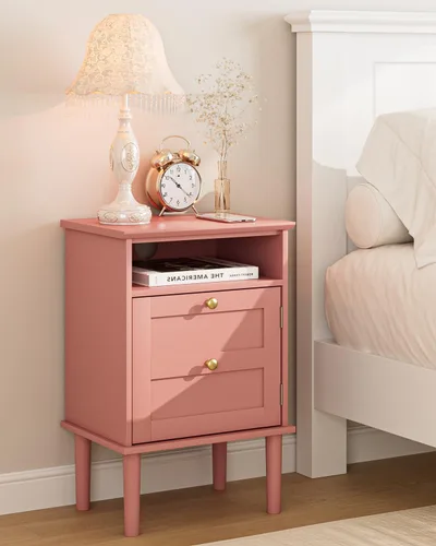 Miniatura 11 de Mesita de noche, mesita de noche bohemia con 1 cajón, mesa auxiliar moderna con estante abierto, mesa auxiliar de noche de madera para dormitorio