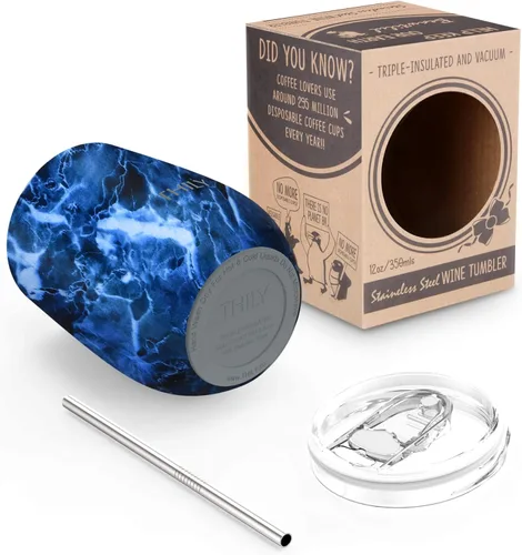 Miniatura 4 de THILY Vaso de vino aislado de acero inoxidable de 12 onzas, copa de vino sin tallo con tapa deslizante y popote de metal, taza de viaje que mantiene