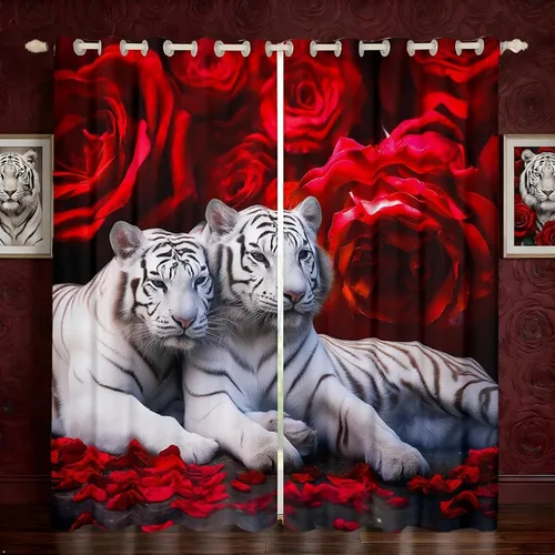 Miniatura 13 de Erosebridal Cortinas de Rosas Rojas 3D Tratamientos para Ventanas de Guepardo, Paneles de Cortinas con Estampado de Gato Leopardo para Sala
