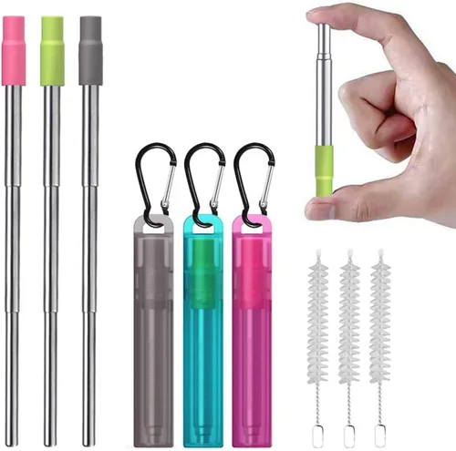 Miniatura 7 de Paquete de 3 pajitas plegables reutilizables con punta de silicona, telescópicas portátiles de acero inoxidable reutilizables con funda, cepillo