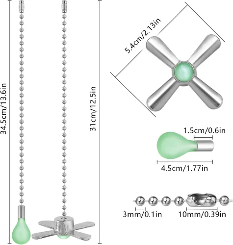 Miniatura 2 de Cadena de tirón para ventilador de techo plateado, juego de 2 piezas, extensión decorativa colgante fluorescente con cuentas de 3 mm de diámetro