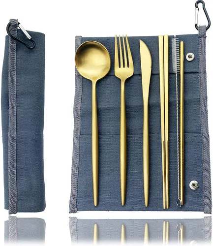 Miniatura 17 de JASHII El juego de cubiertos de viaje incluye cuchillo reutilizable, tenedor, cuchara, palillos, pajilla, utensilios ecológicos, utensilios de Azul