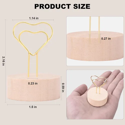 Miniatura 2 de Oubest Soportes dorados para números de mesa y tarjetas de lugar con alambre de metal en forma de corazón y base de madera, 10 soportes