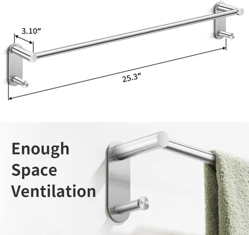 Miniatura 2 de Toallero adhesivo de 24 pulgadas – Toallero de acero inoxidable para baño, soporte de toalla sin perforaciones con 2 ganchos, níquel cepillado