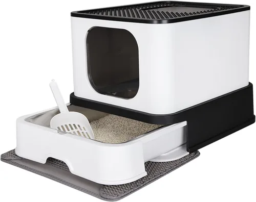 RIZZARI Stainless Steel Cat Box: Black Large Capacity Enclosed Litter Pan with High Walls - Non-Stick Teflon Coating & Leak-Proof Drawer - Odor