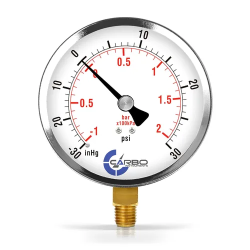 Miniatura 8 de Manómetro de vacío seco de 0 a -30 inHg, dial de 4", montaje inferior de 1/4 NPT, caja de acero cromado, piezas humedecidas de latón, doble escala