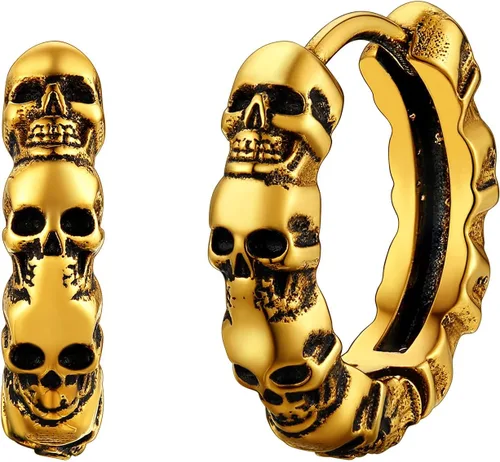 Richsteel Aretes de calavera para mujer y hombre, góticos, de acero inoxidable, chapados en oronegro, pequeño aro punk de serpientedragón