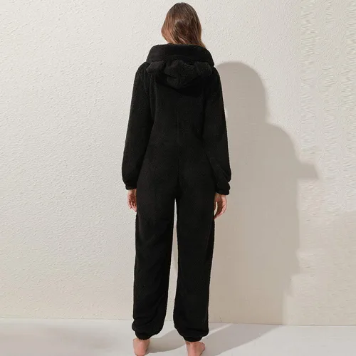 Miniatura 2 de Pijama de forro polar para mujer, mameluco cálido de sherpa, ropa de dormir de una pieza con cremallera y capucha