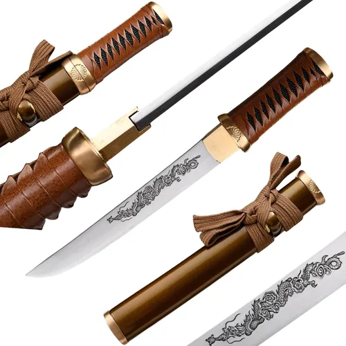 Miniatura 12 de Hoja de crisantemo japonesa real hecha a mano tanto corta katana samurái real de 13 pulgadas 1065 hoja de acero de resorte de acero de espiga