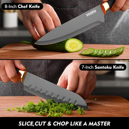 Miniatura 6 de Juego de cuchillos de cocina, 15 piezas con bloque y afilador, acero inoxidable de alto carbono ultra afilado, apto para lavavajillas