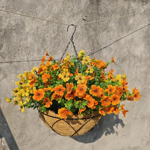 Miniatura 7 de Flores colgantes artificiales con cesta, flores de margaritas falsas en cestas colgantes forradas de coco de 12 pulgadas para la decoración
