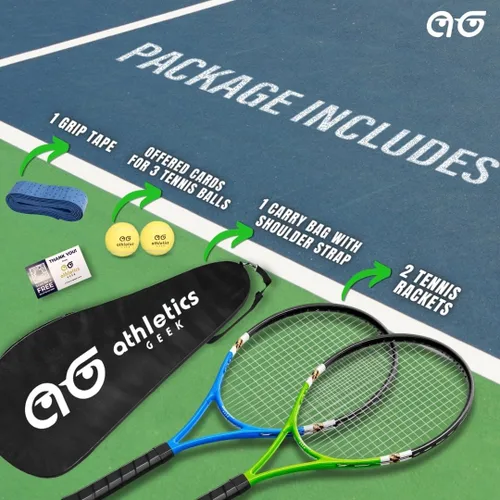 Miniatura 5 de Raquetas de tenis para 2 jugadores, paquete variado de dos colores con 2 pelotas de tenis, cinta de agarre, tarjetas de oferta y bolsa