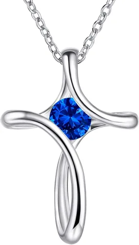 NINAMAID Cross Necklace for Women, 925 Sterling Silver Birthstone Necklace for Women with Diamond Sideways Cross Necklace Birthstone Jewelry