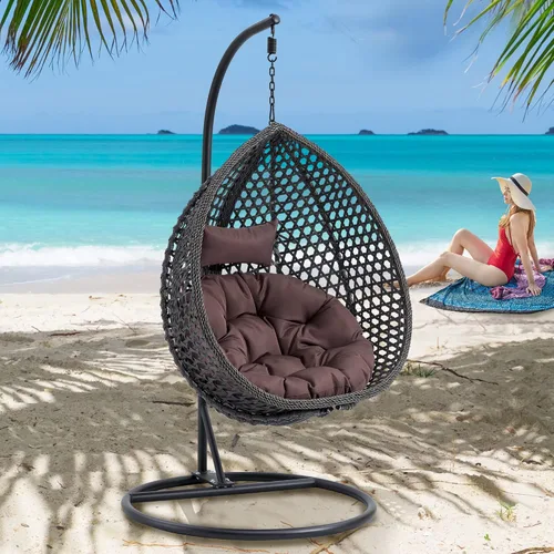 Miniatura 11 de Swining - Silla de huevo con soporte, sillas colgantes de mimbre de ratán para huevos, silla columpio para patio con cojín resistente a los rayos