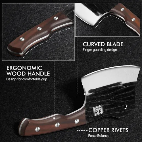 Miniatura 5 de ENOKING Cuchillo de carnicero de 5.7 pulgadas, cuchillo forjado a mano resistente para huesos con mango de madera, cuchillo de carnicero de espiga