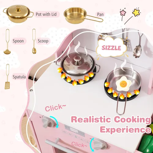 Miniatura 3 de Costzon Juego de Cocina para Niños, Juguetón de Madera de Pequeño Chef con 3 Alturas Ajustables, Barra de Toallas, Cortinas, Microondas, Estufas