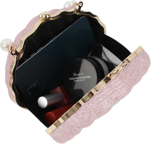 Miniatura 5 de ZLM BAG US Bolso de mano de noche con purpurina Seashell Mini Chain Crossbody Bag PU Cuero Shell Pearl Bolso de hombro, Y-Rosa