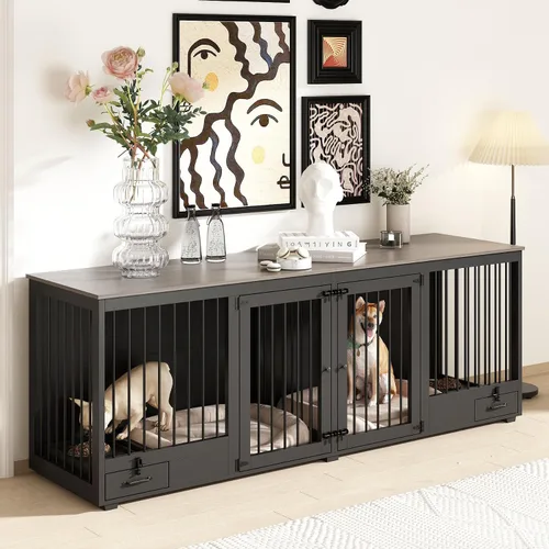 Miniatura 9 de Mueble estilo jaula para perros grande para 2 perros, perrera de madera resistente de 86.6" con cajones y divisor para comedero de perros, perrera