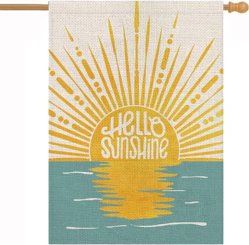 Bandera de casa con texto en inglés «Hello Sunshine House», puesta de sol sobre el mar, de doble cara, vertical, para decoración al aire libre, 28 x