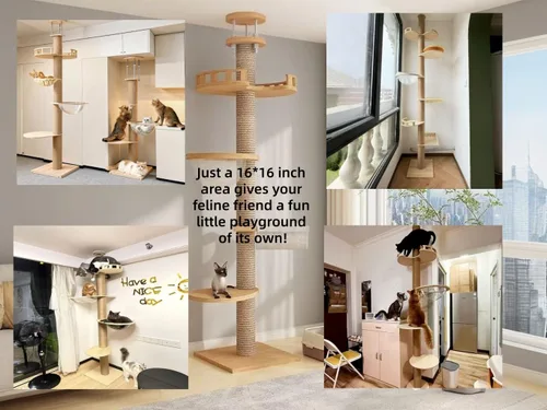 Miniatura 6 de Árbol para gatos del suelo al techo, torre para gatos de altura ajustable de madera maciza, árbol para gatos de 6 a 9.5 pies de alto con poste