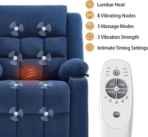 Miniatura 4 de Silla reclinable eléctrica para personas mayores con calor y masaje, sillas reclinables para adultos, reclinables de tela mejorada con puerto de Azul