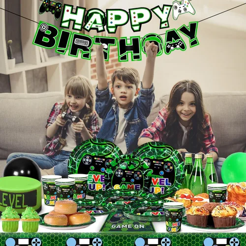 Miniatura 4 de Vajilla de fiesta de cumpleaños para 16 invitados, platos de videojuegos y servilletas, suministros para fiestas, incluye platos de fiesta