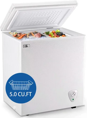 Congelador de cofre compacto de 5.0 pies cúbicos con termostato ajustable, puerta que se abre por arriba con cesta de almacenamiento extraíble para