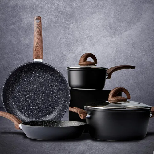 Vkoocy Juego de ollas y sartenes antiadherentes, juego de utensilios de cocina de cerámica con patrón de granito, juegos de cocina de inducción y