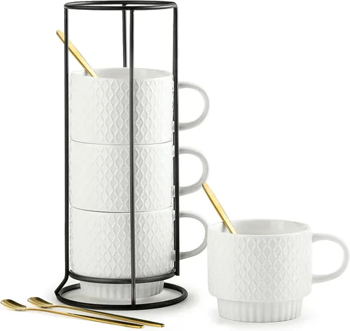 LYEOBOH Tazas de café apilables con estante, juego de 4 tazas de café de cerámica de 13 onzas con soporte, taza de café con cuchara, tazas de Blanco