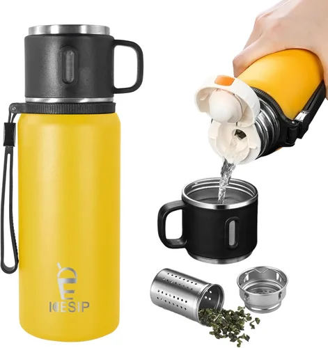 Miniatura 22 de Botella aislada de acero inoxidable, 20 onzas con taza, botella de agua aislada al vacío, termo para bebidas calientes/bebidas frías, viaje con Verde